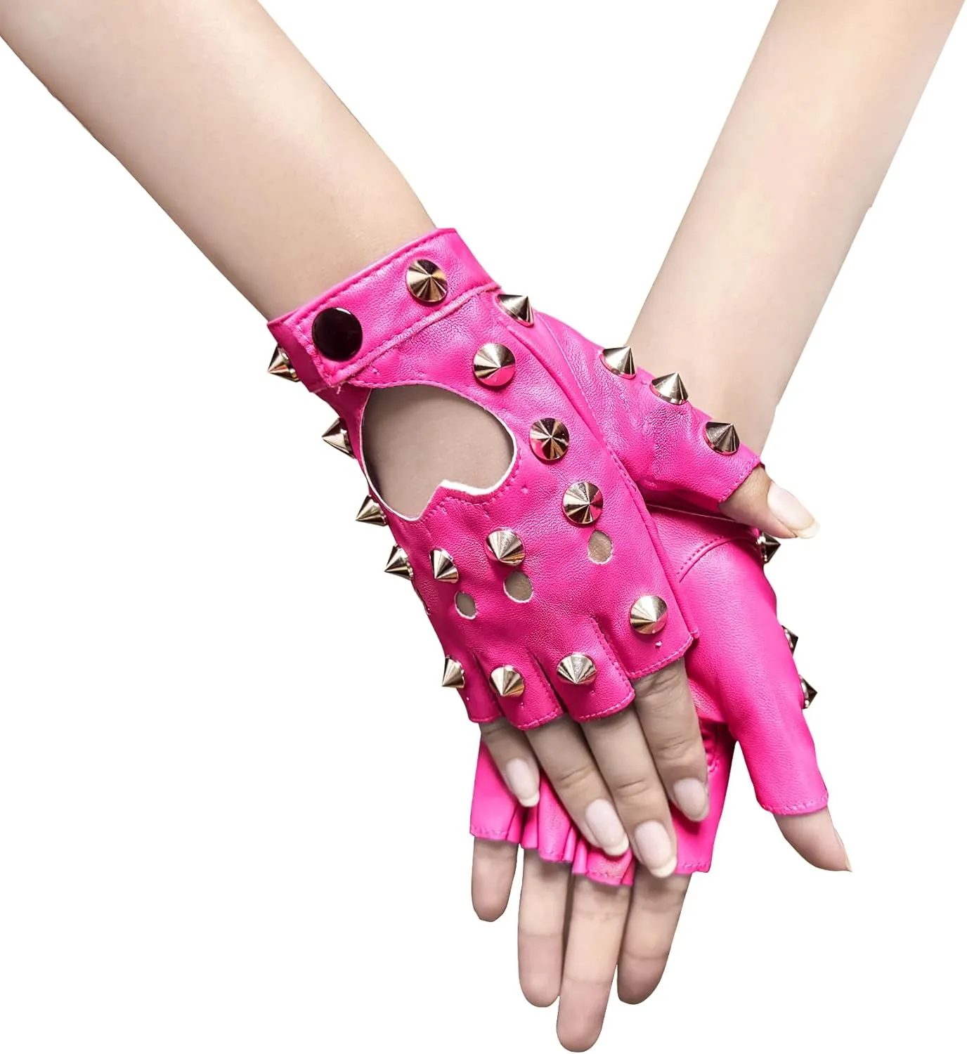 1 Pair of PU Leather Half Finger Dance Gloves Heart Cutout Gothic Punk Rivet Fingerless Gloves for Halloween Costume Dress Up