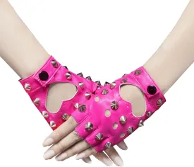1 Pair of PU Leather Half Finger Dance Gloves Heart Cutout Gothic Punk Rivet Fingerless Gloves for Halloween Costume Dress Up
