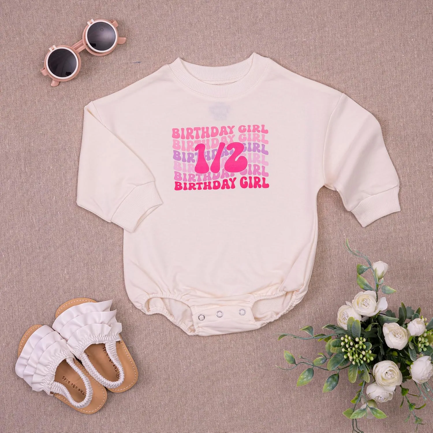 2PCS Baby Girl Halfway to One Rompers 1/2 Way to One Birthday Bodysuit Outfit, Adorable Long and Short Sleeve Set