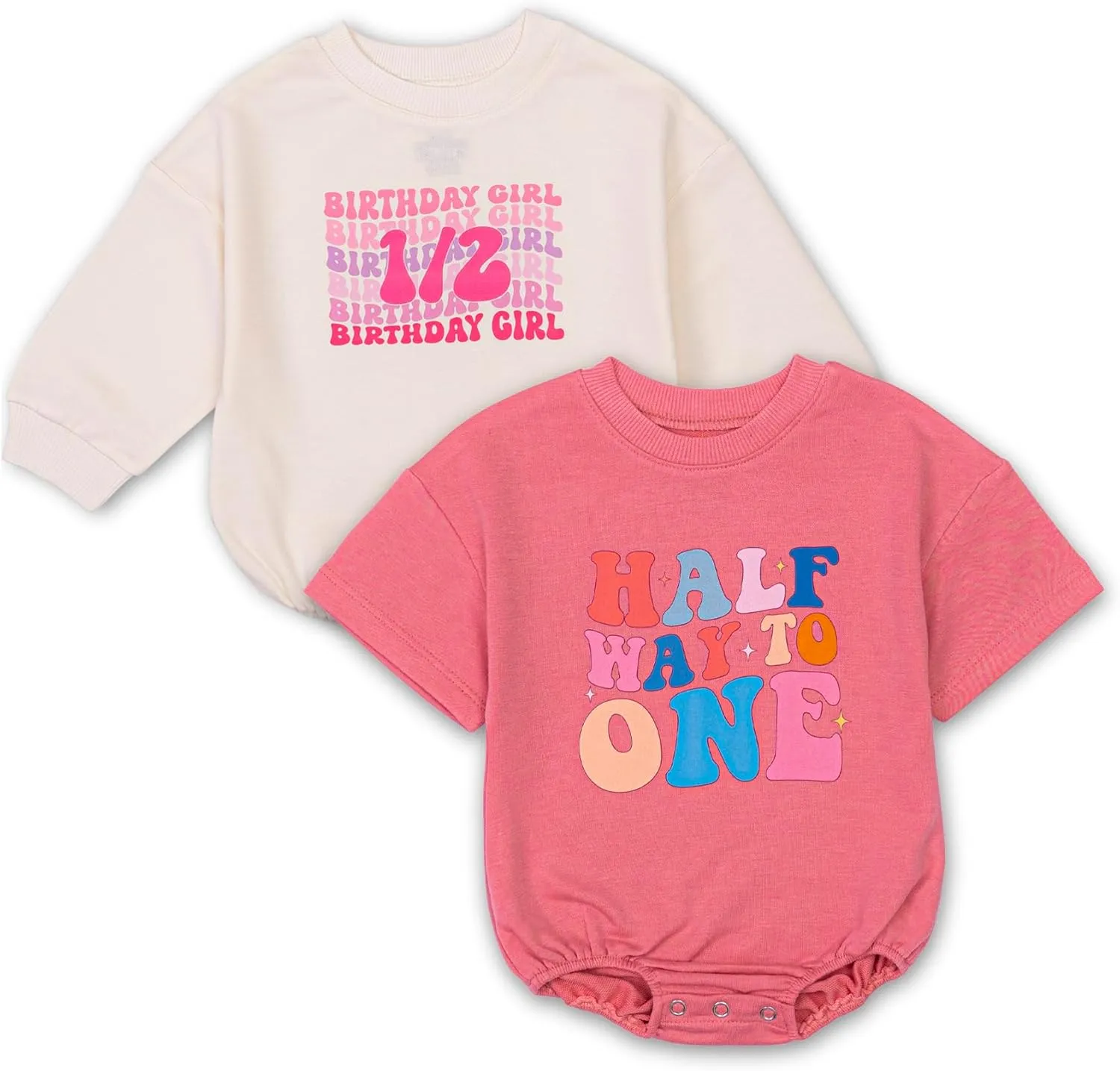 2PCS Baby Girl Halfway to One Rompers 1/2 Way to One Birthday Bodysuit Outfit, Adorable Long and Short Sleeve Set