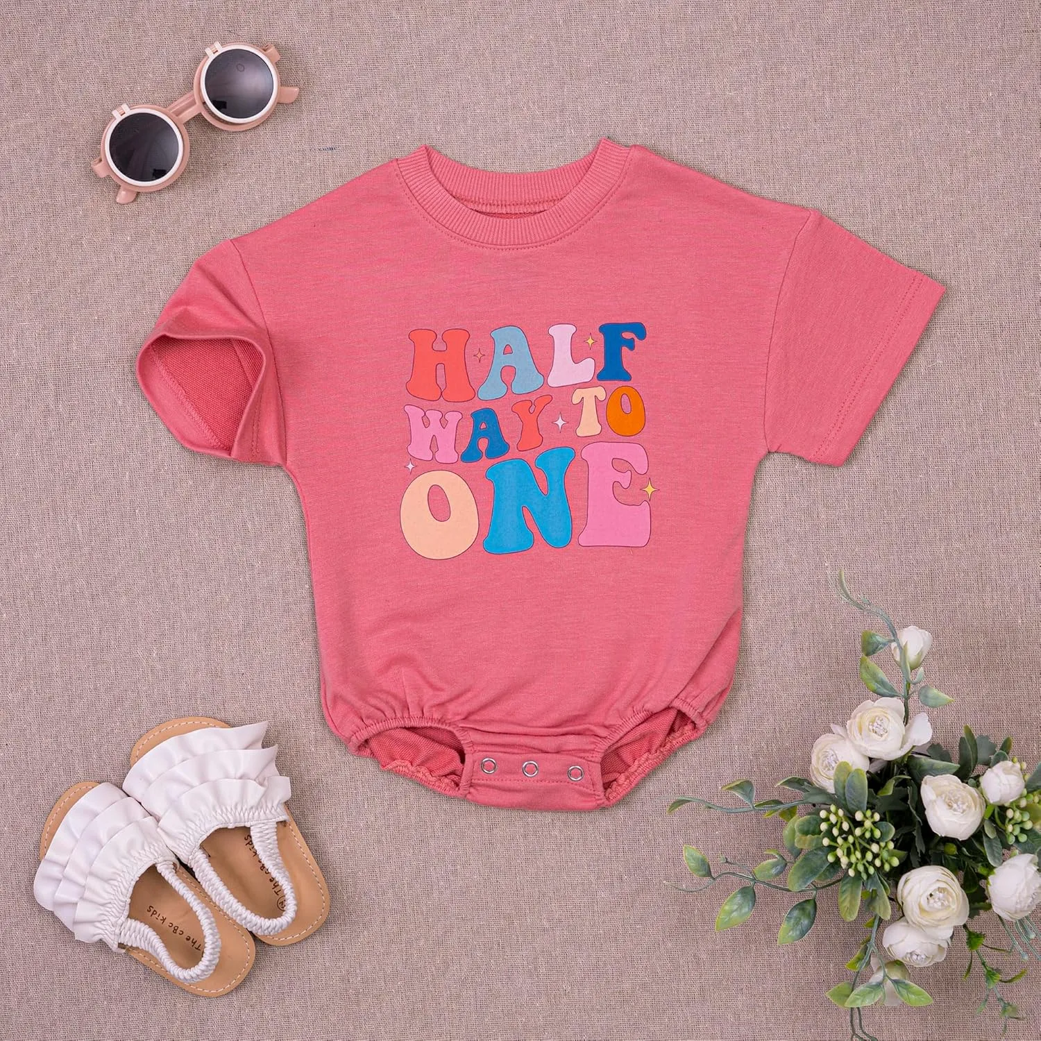 2PCS Baby Girl Halfway to One Rompers 1/2 Way to One Birthday Bodysuit Outfit, Adorable Long and Short Sleeve Set