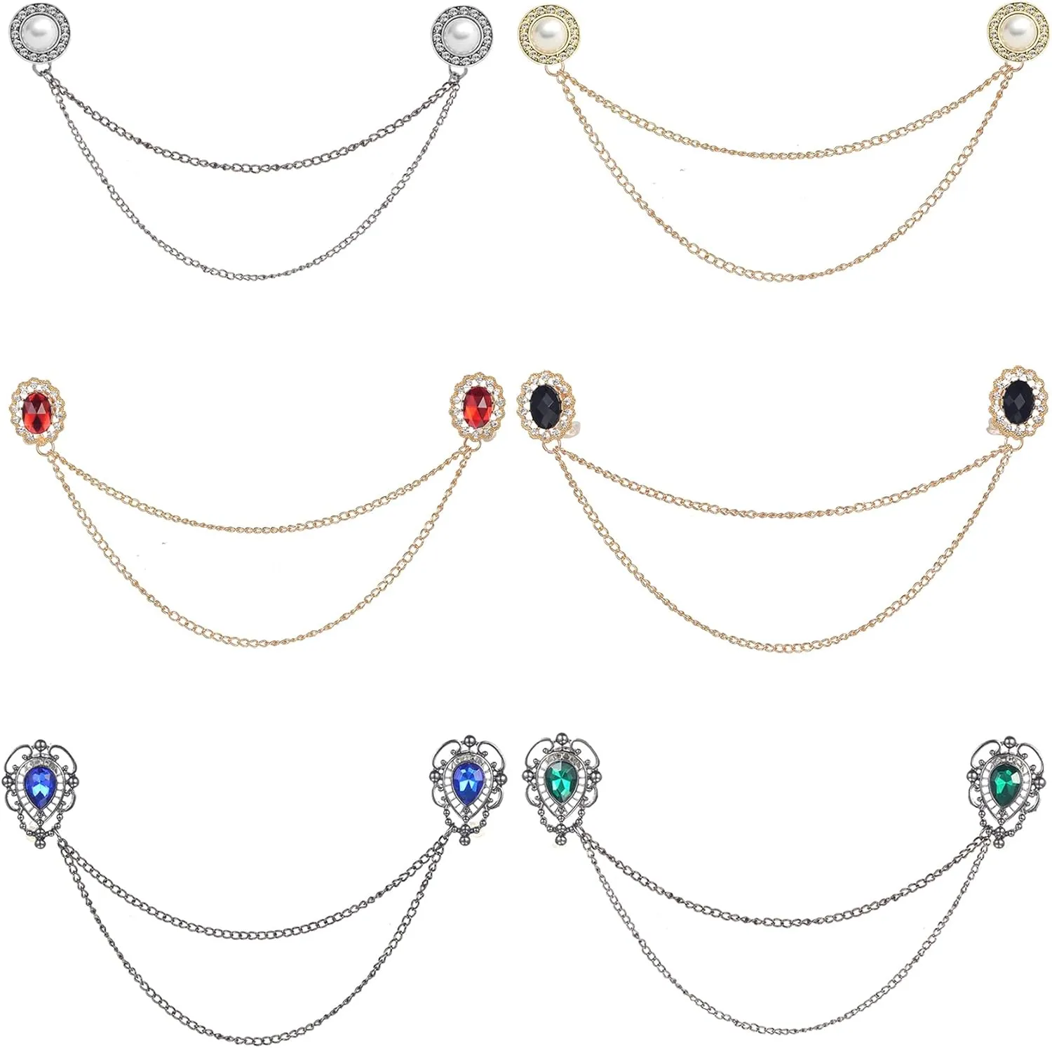 6 Pcs Antique Sweater Shawl Clip Chain Renaissance Style Rose Bowknot Brooch Flowers Wings Heart Cardigan Pin Gold sliver For Woman Men