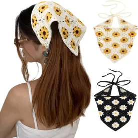 AWAYTR Crochet Bandana Head Kerchief Hair Scarf 2Pcs Knitted Scarves Tie Bcak Floral Headwrap for Women Girls