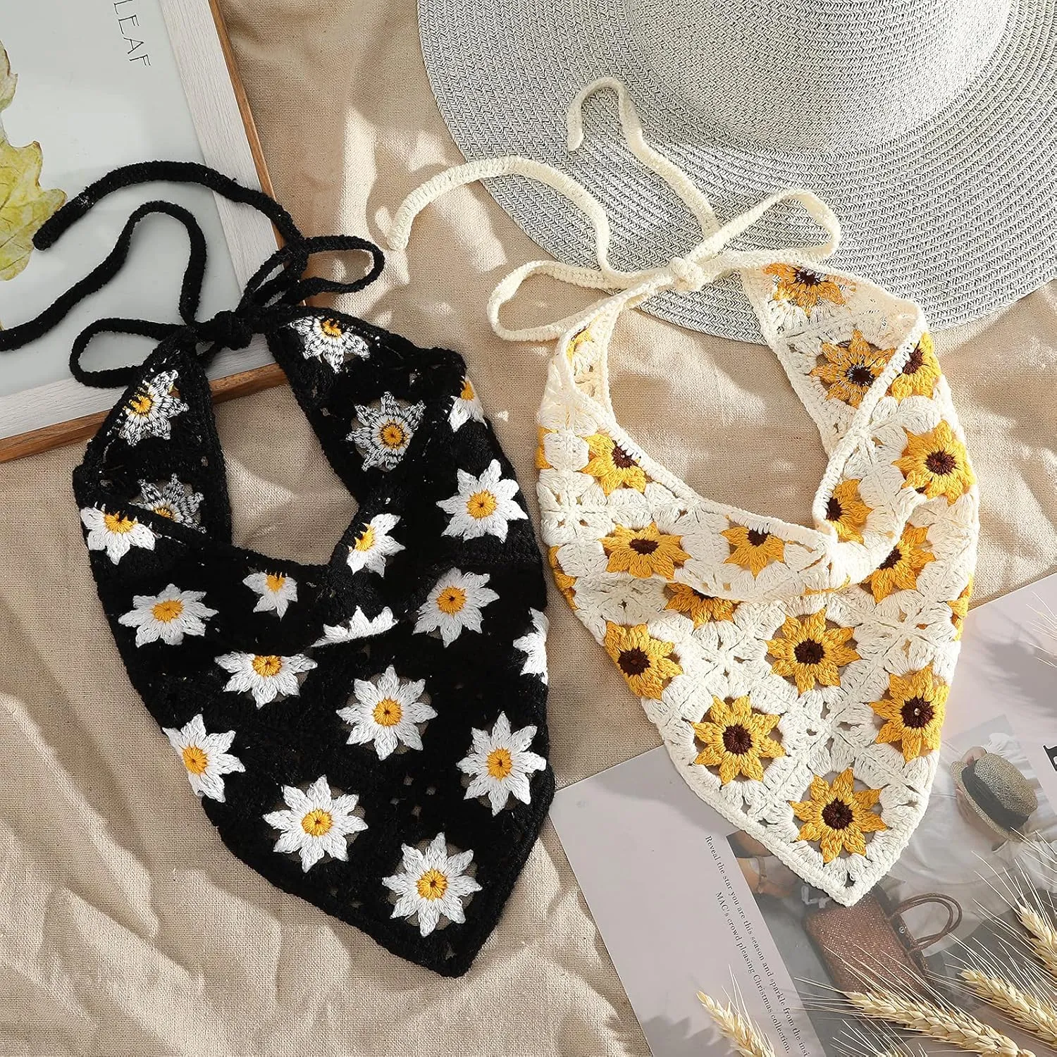 AWAYTR Crochet Bandana Head Kerchief Hair Scarf 2Pcs Knitted Scarves Tie Bcak Floral Headwrap for Women Girls