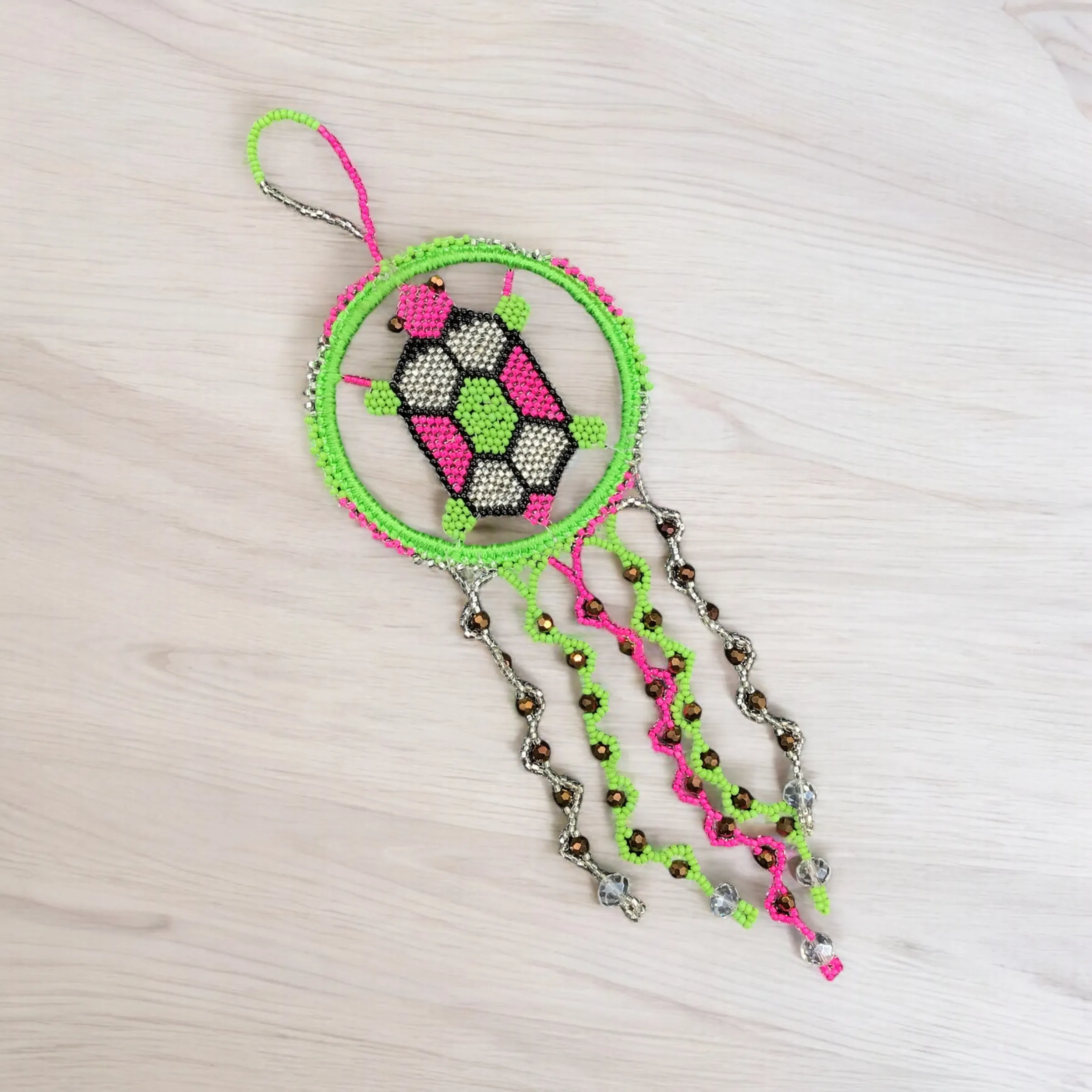 Beaded Turtle Ornament GREEN PINK