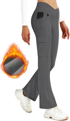 BVVU Women's Fleece Lined Pants Hiking Crossover Flare Winter Thermal Pants Water Resistant Outdoor Bootcut Warm Joggers