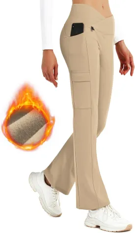 BVVU Women's Fleece Lined Pants Hiking Crossover Flare Winter Thermal Pants Water Resistant Outdoor Bootcut Warm Joggers