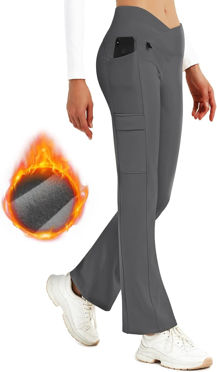 BVVU Women's Fleece Lined Pants Hiking Crossover Flare Winter Thermal Pants Water Resistant Outdoor Bootcut Warm Joggers