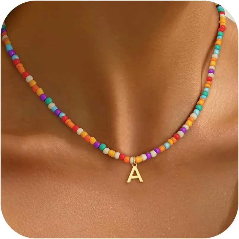 Colorful Initial Necklaces for Girls Women - Cute Beaded Choker Initial Necklace Teen Girl Gifts Trendy Stuff, Bohemian Letter Necklace Personalized Gifts for Girls Women Jewelry