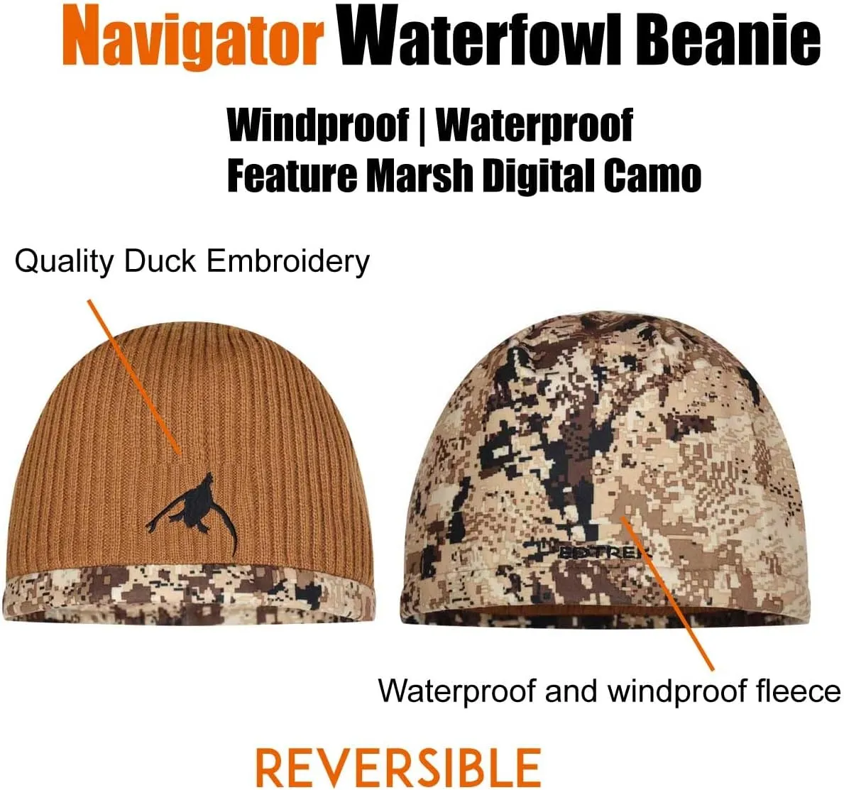 EDTREK Waterproof and Windproof Camo Beanie - Timber and Blaze Orange Camo Performance Hunting Hat