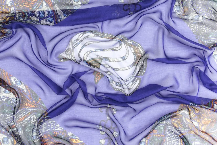Fish 3 Blue Silk Chiffon Scarf