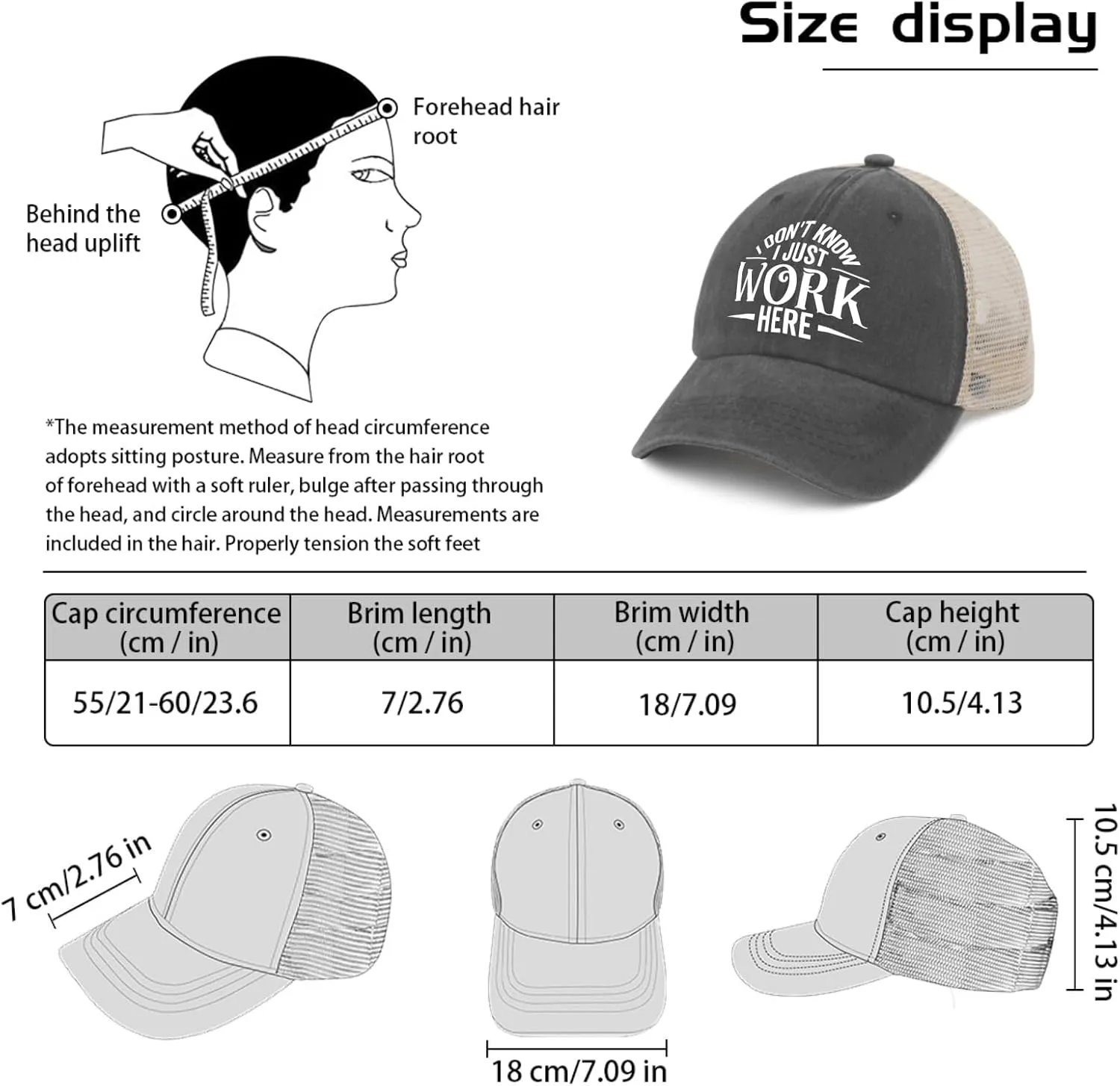 I Don't Know I Just Work Here Cap Party Hat AllBlack Hiking Hat Women Gifts for Her Outdoor Caps