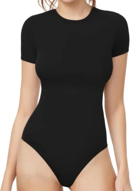 MANGOPOP Women's Crew Neck Short Sleeve Bodysuit Long Sleeve T Shirts Basic Tops