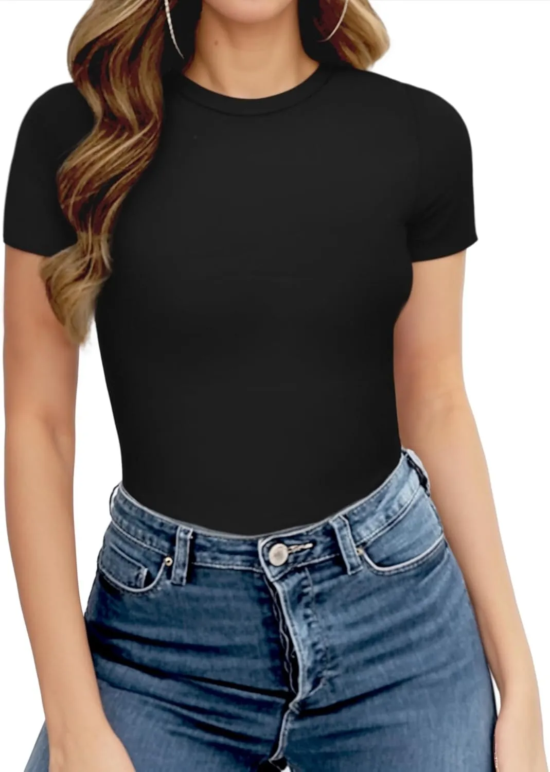 MANGOPOP Women's Crew Neck Short Sleeve Bodysuit Long Sleeve T Shirts Basic Tops