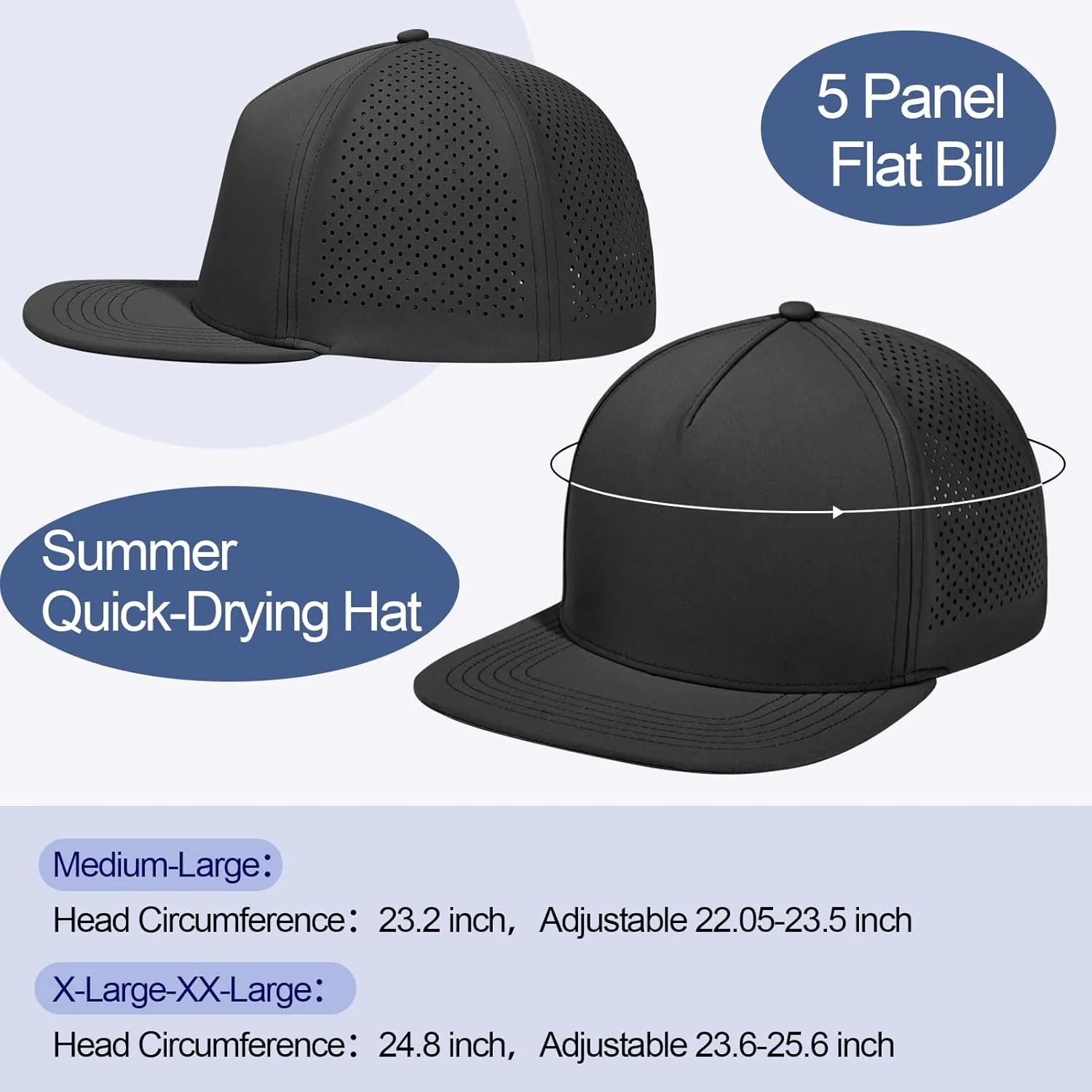 M/L/XL/XXL Oversize Flat Bill Baseball Cap for Men Women Quick Dry Snapback Hats Summer Mesh 5 Panel Cap