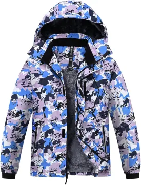 MoFiz Boys Waterproof Skiing Jacket Kids Hooded Fleece Winter Snowboard Jackets Windproof Warm Outerwear with Zip Pockets