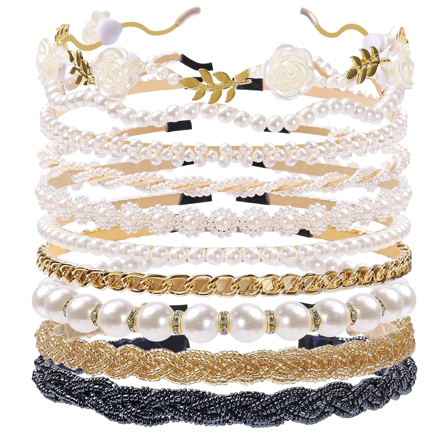 Pearl and Metal Headbands - Beaded No Slip Hair Accessories for Women and Girls, 10 Pack