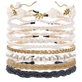 Pearl and Metal Headbands - Beaded No Slip Hair Accessories for Women and Girls, 10 Pack