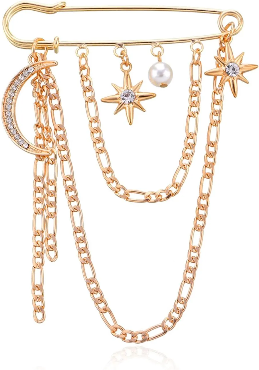 Punk Gold Silver Star Moon Tassel Chain Brooch,Vintage Crystal Moon Star Collar Pins Cubic Zirconia Sweater Shawl Clips Collar Brooch for Women