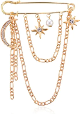 Punk Gold Silver Star Moon Tassel Chain Brooch,Vintage Crystal Moon Star Collar Pins Cubic Zirconia Sweater Shawl Clips Collar Brooch for Women