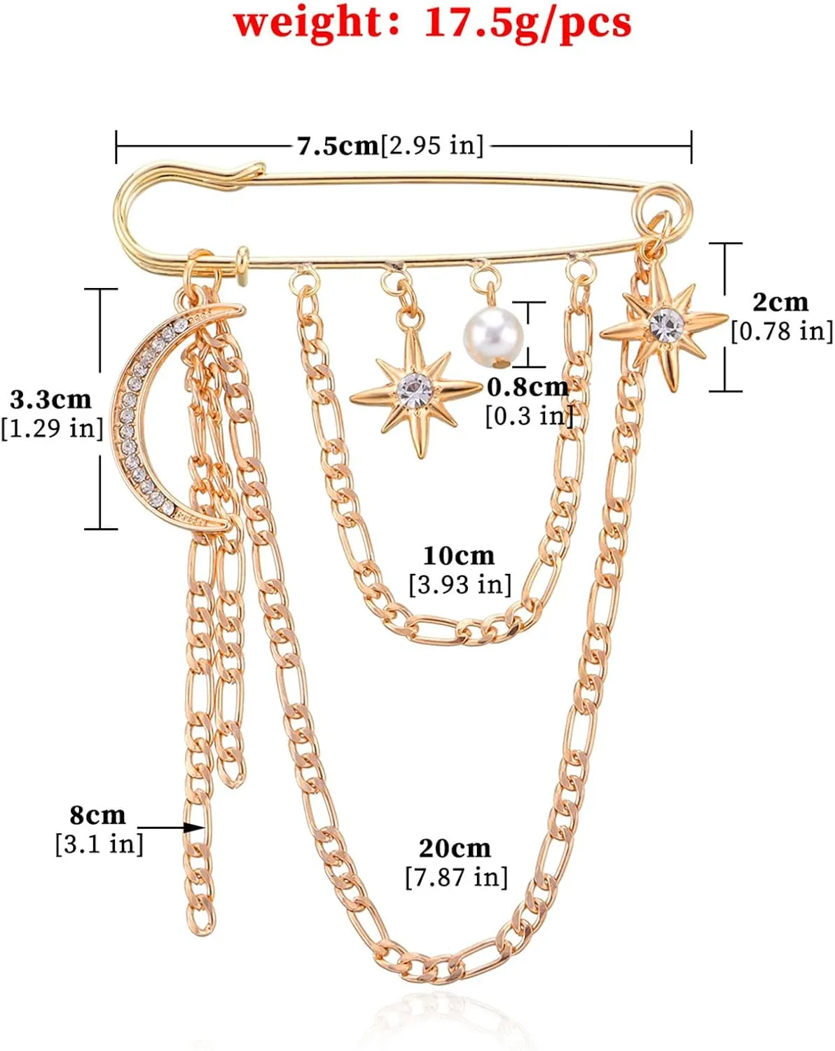 Punk Gold Silver Star Moon Tassel Chain Brooch,Vintage Crystal Moon Star Collar Pins Cubic Zirconia Sweater Shawl Clips Collar Brooch for Women