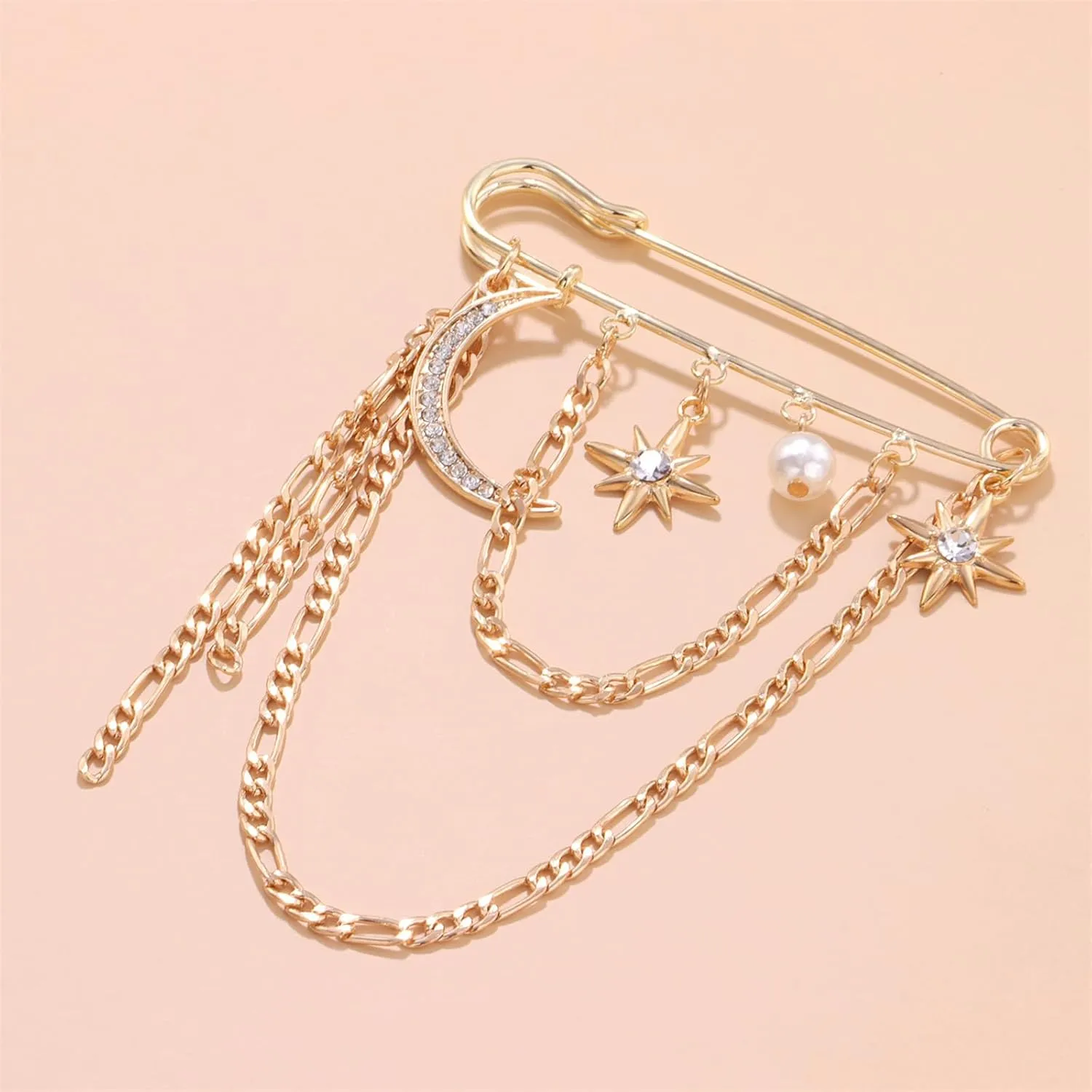 Punk Gold Silver Star Moon Tassel Chain Brooch,Vintage Crystal Moon Star Collar Pins Cubic Zirconia Sweater Shawl Clips Collar Brooch for Women