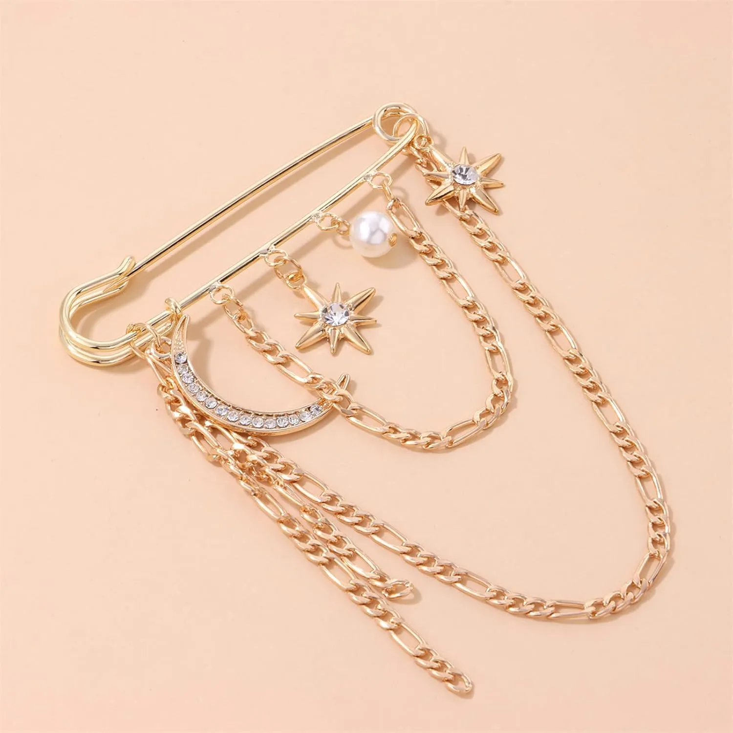 Punk Gold Silver Star Moon Tassel Chain Brooch,Vintage Crystal Moon Star Collar Pins Cubic Zirconia Sweater Shawl Clips Collar Brooch for Women