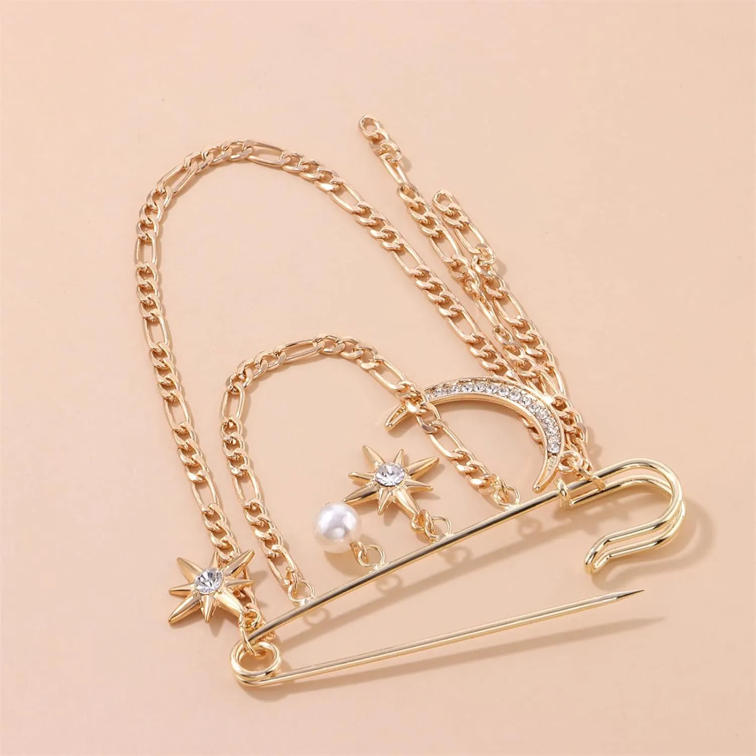 Punk Gold Silver Star Moon Tassel Chain Brooch,Vintage Crystal Moon Star Collar Pins Cubic Zirconia Sweater Shawl Clips Collar Brooch for Women