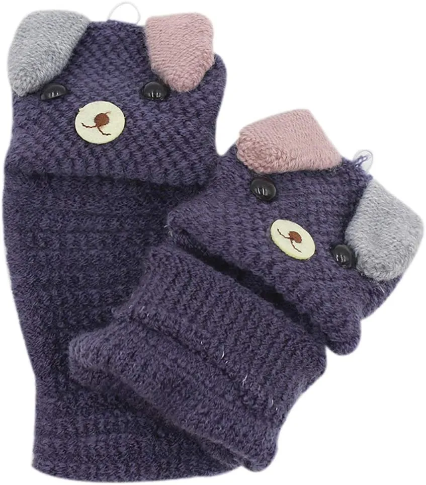 RARITYUS Unisex Warm Soft Winter Knit Gloves for Kids Boys Girls Glove with Dog Mittens (2 to 9Y)