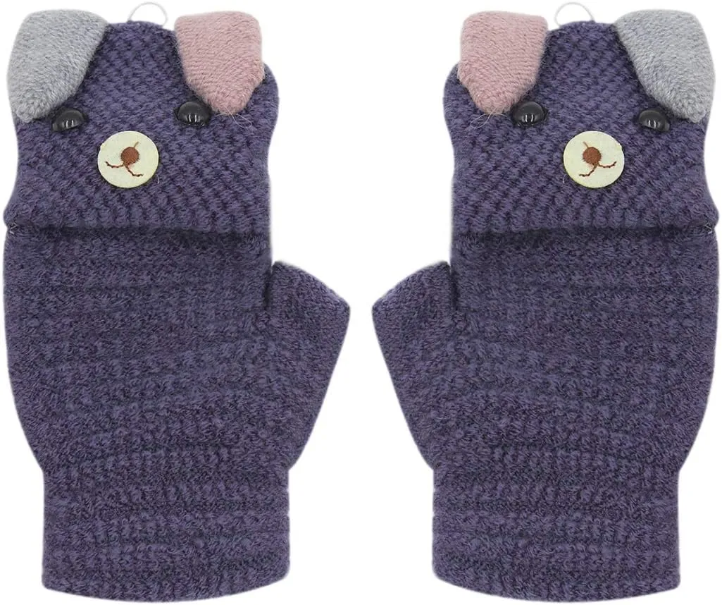 RARITYUS Unisex Warm Soft Winter Knit Gloves for Kids Boys Girls Glove with Dog Mittens (2 to 9Y)