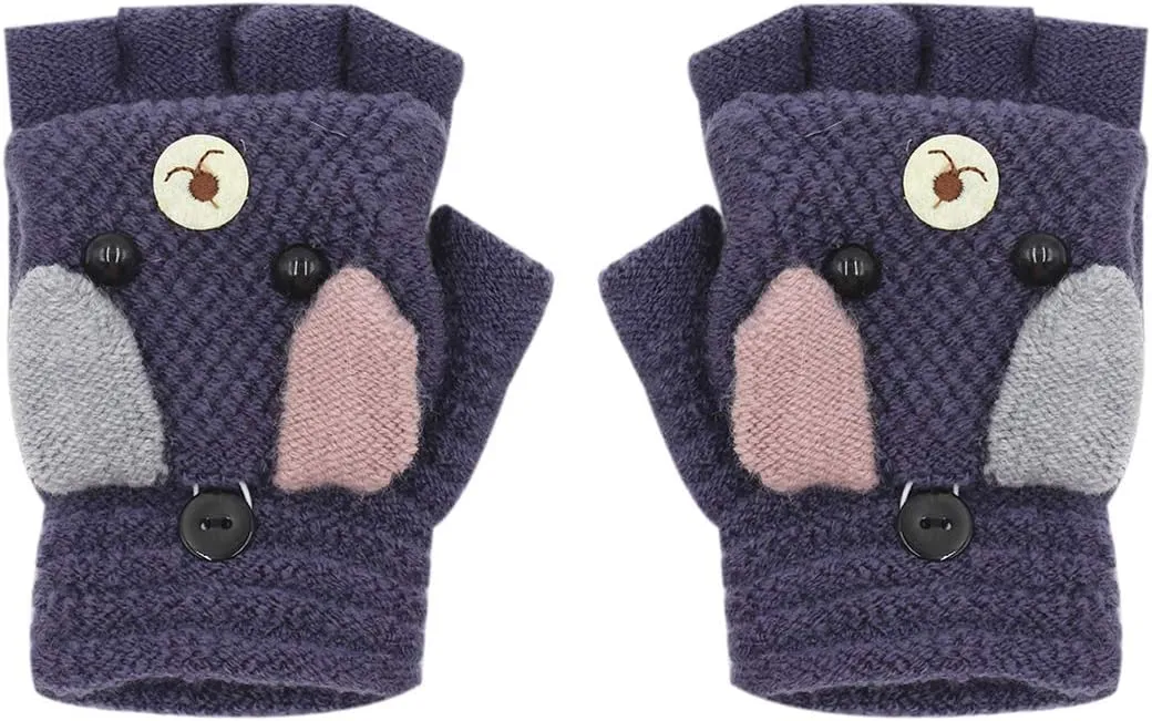 RARITYUS Unisex Warm Soft Winter Knit Gloves for Kids Boys Girls Glove with Dog Mittens (2 to 9Y)