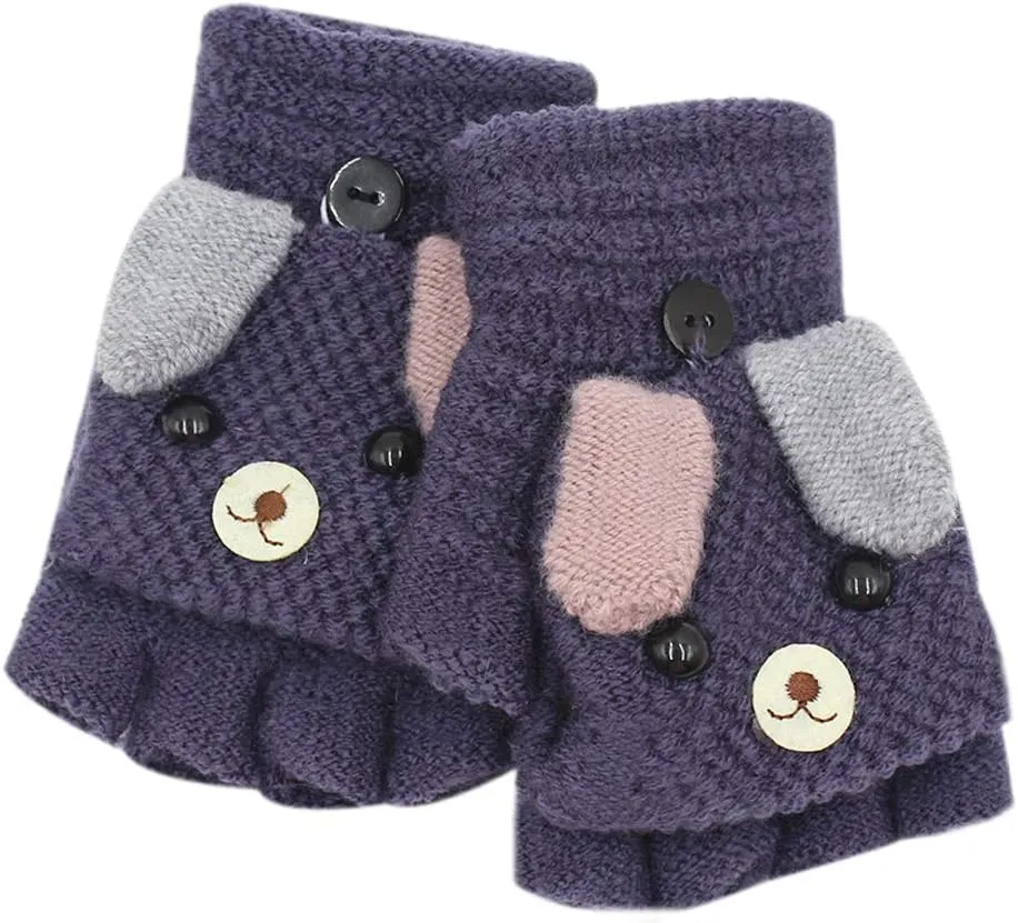RARITYUS Unisex Warm Soft Winter Knit Gloves for Kids Boys Girls Glove with Dog Mittens (2 to 9Y)