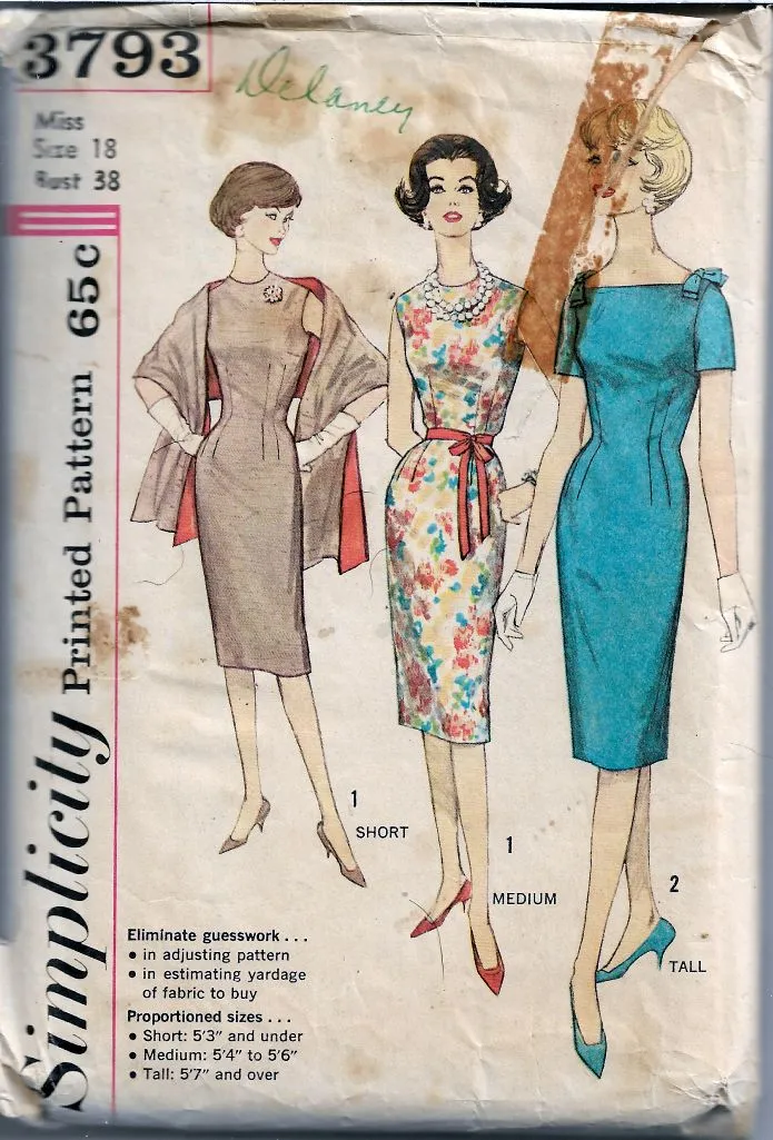 Simplicity 3793 One Piece Dress Stole Shawl Vintage Sewing Pattern 1960s