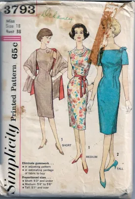 Simplicity 3793 One Piece Dress Stole Shawl Vintage Sewing Pattern 1960s
