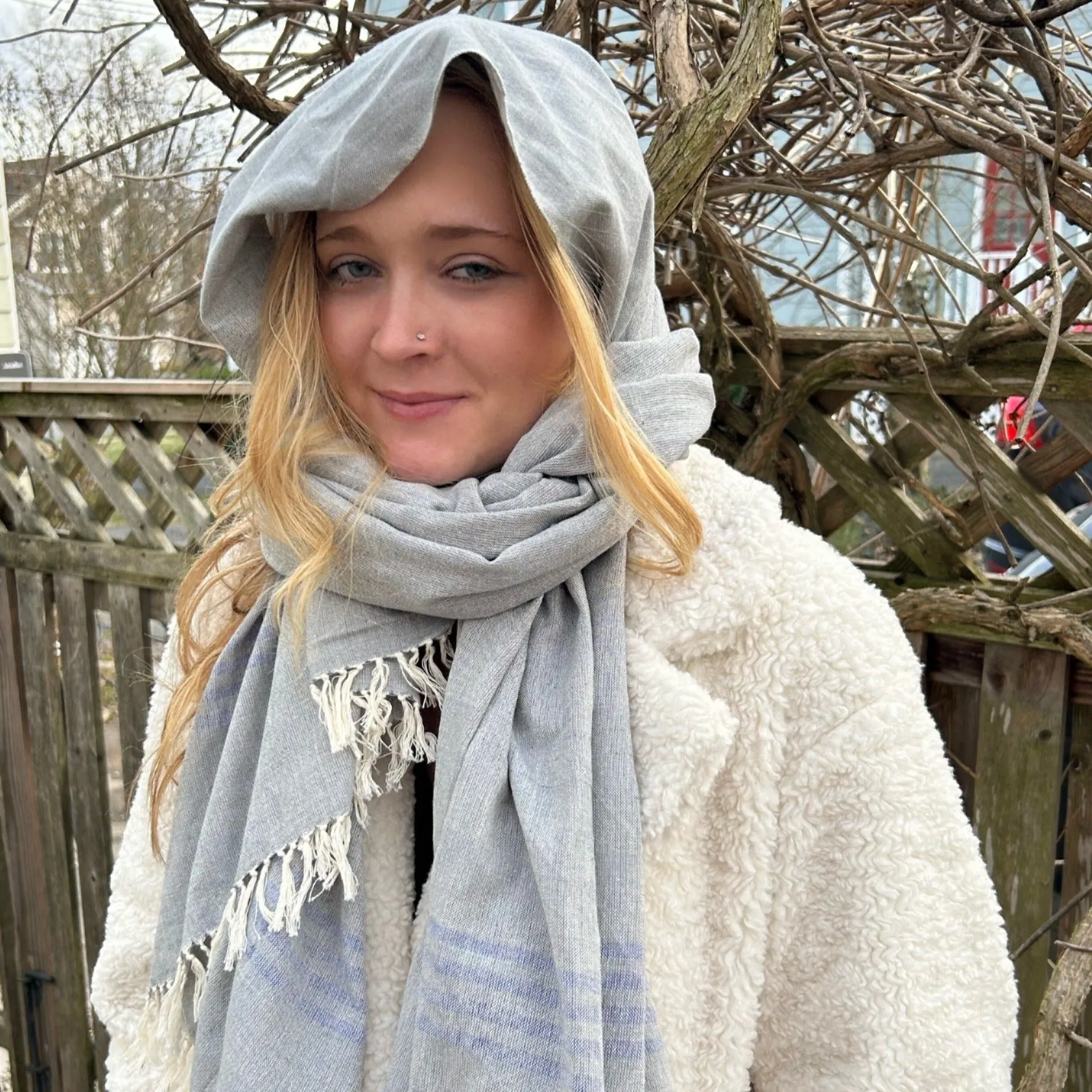Soft Grey with Blue End Stripe Shawl