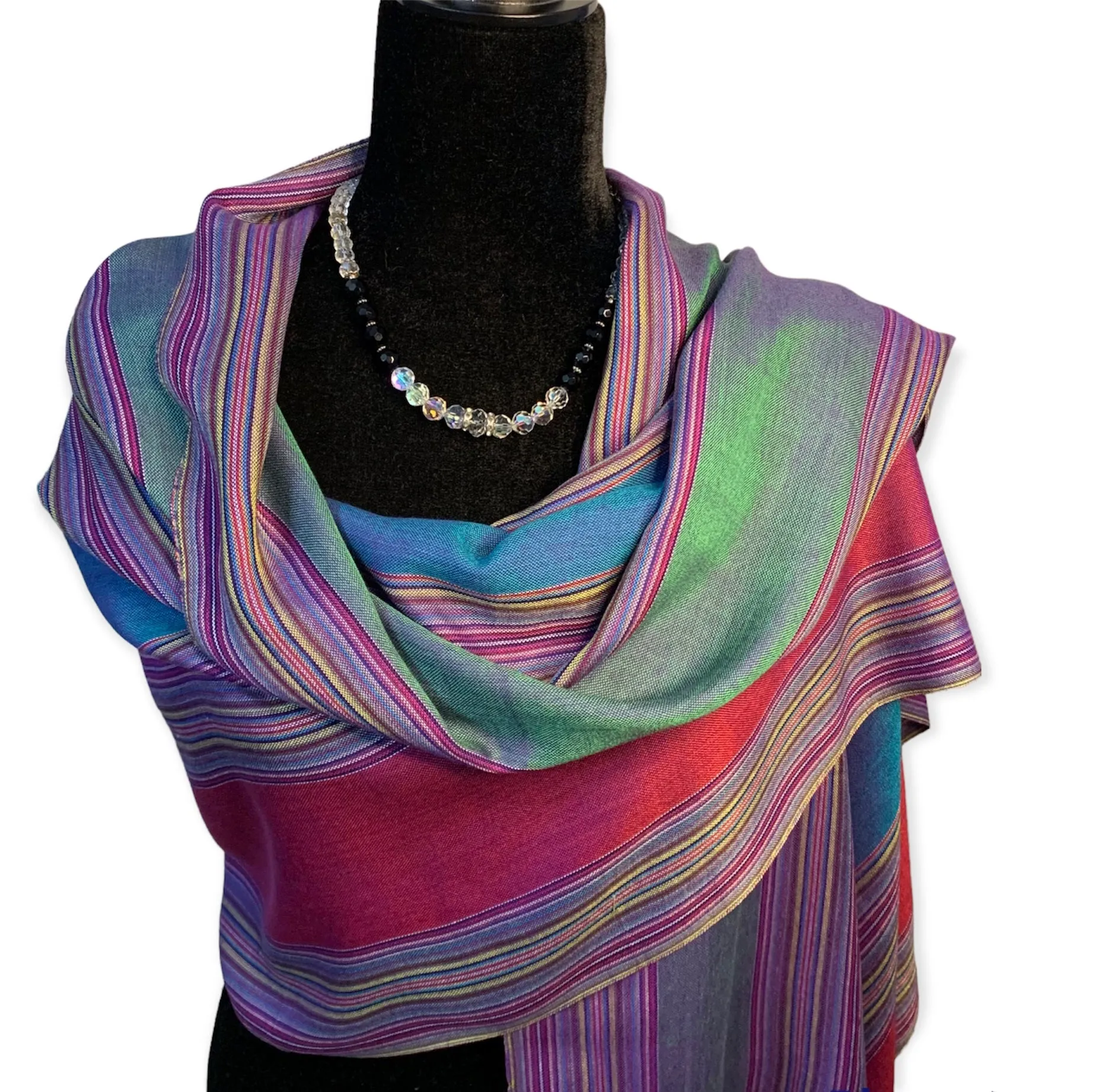 Striped Handwoven Bamboo Viscose Scarf - Plum & Emerald