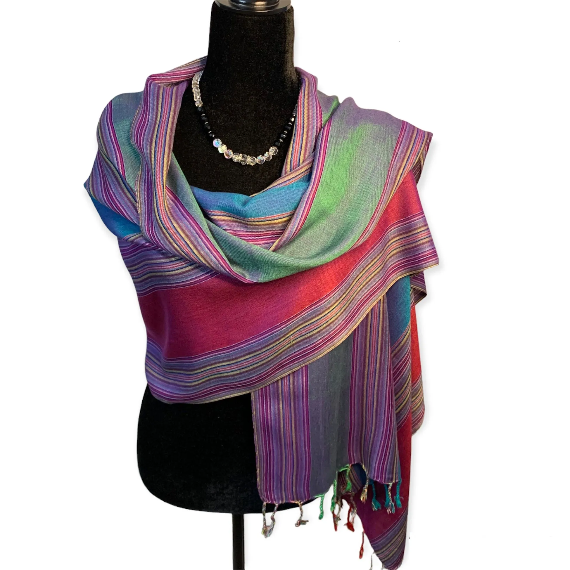 Striped Handwoven Bamboo Viscose Scarf - Plum & Emerald
