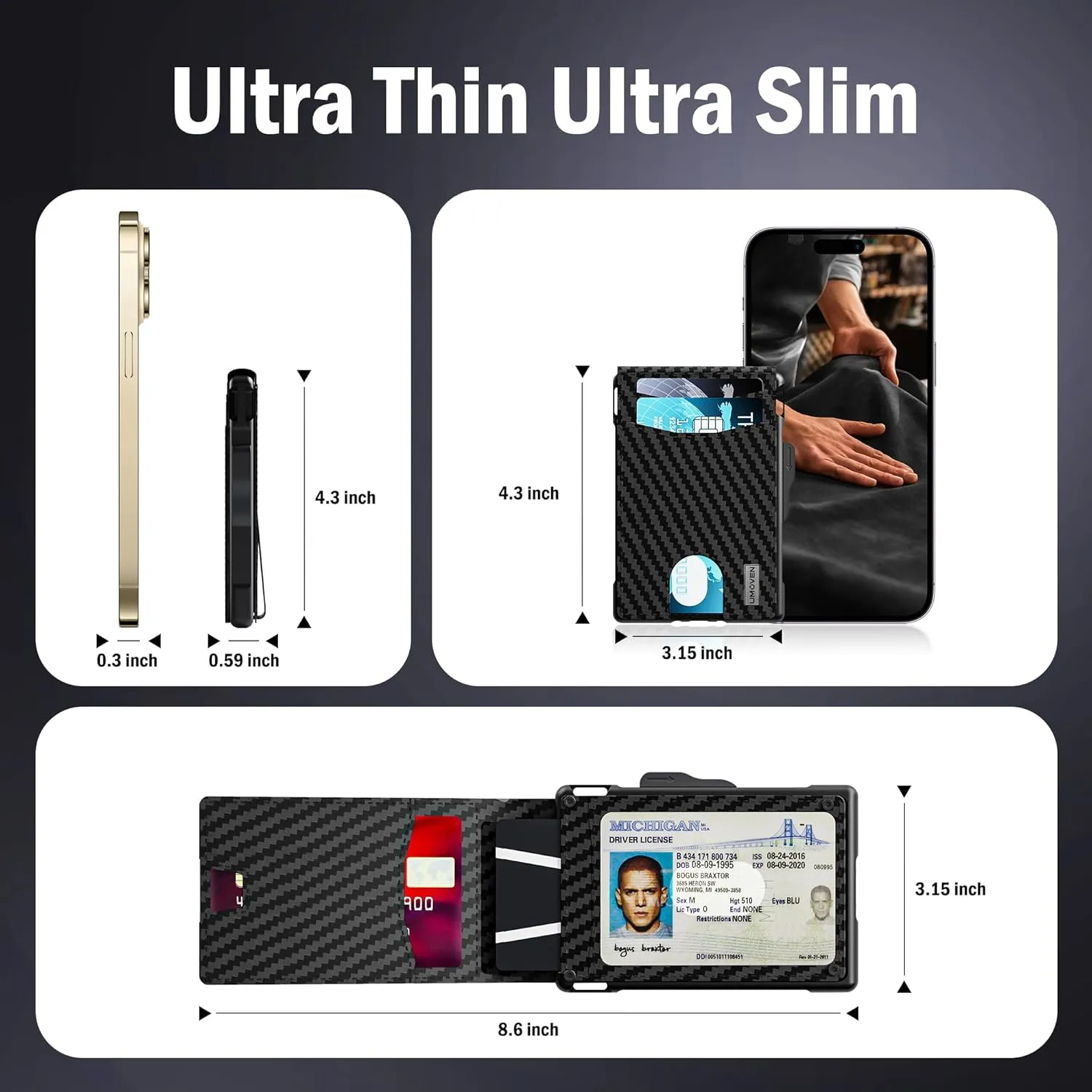 umoven Wallet for Men - Slim Leather RFID Blocking Bifold Minimalist Wallet with Metal Pop-Up Card Holder, Money Clip, Credit Card Slots - Men's Wallet, Carbon Fiber
