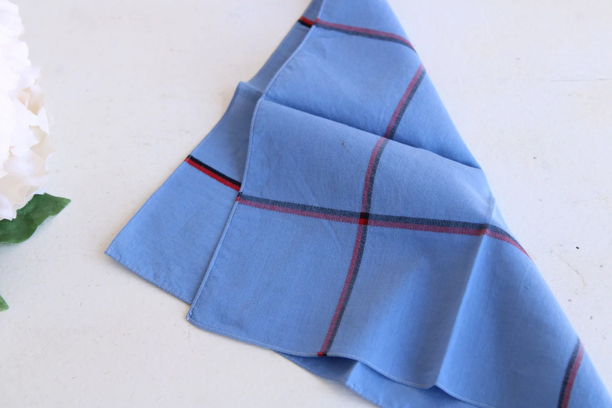 Vintage Cotton Windowpane Check Blue Hankie