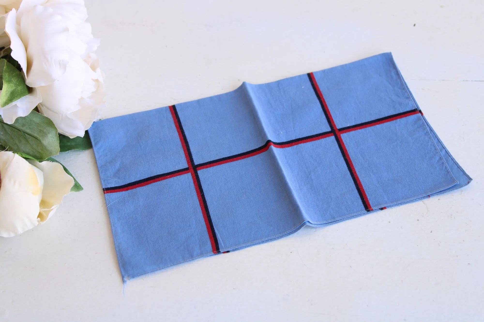 Vintage Cotton Windowpane Check Blue Hankie