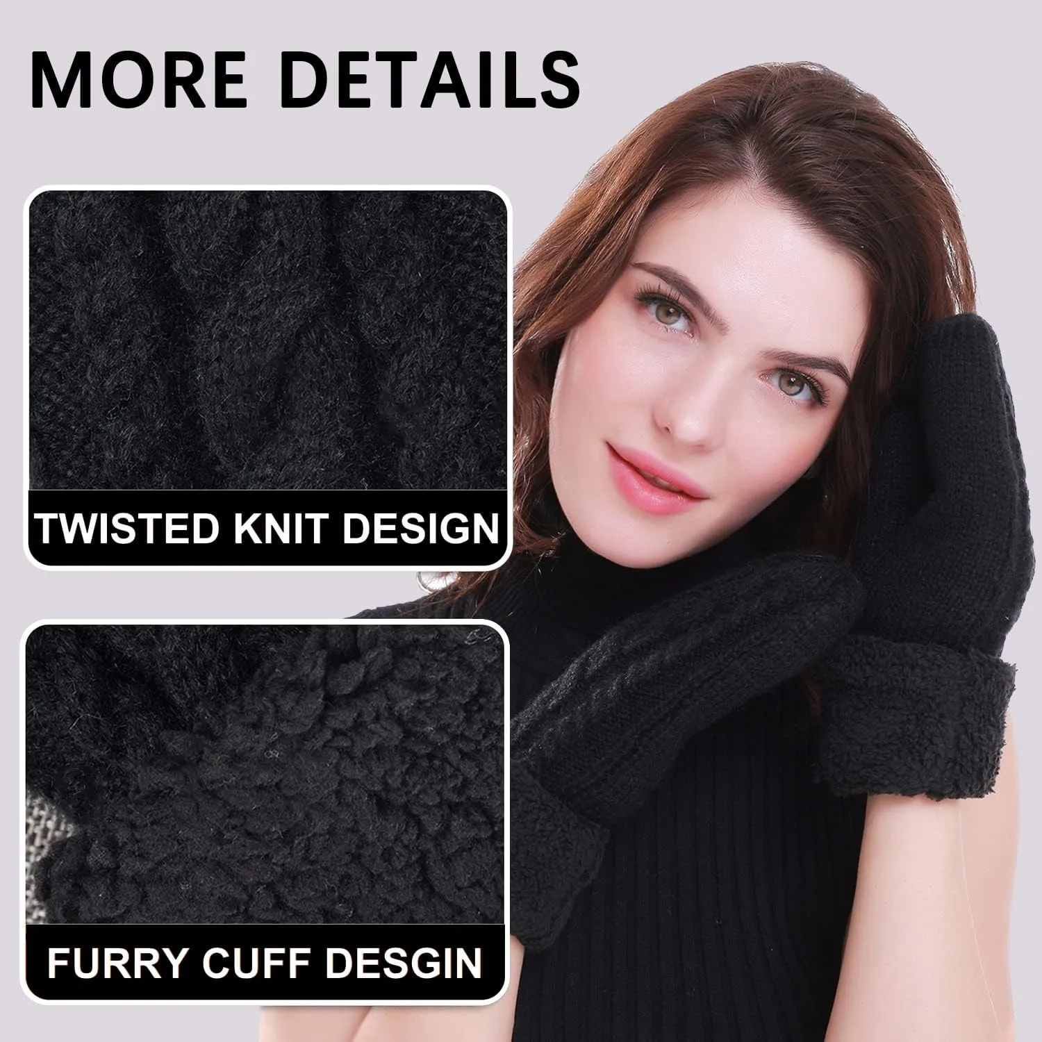 Women's Winter Gloves Warm Lining - Cozy Wool Knit Thick Gloves Mittens