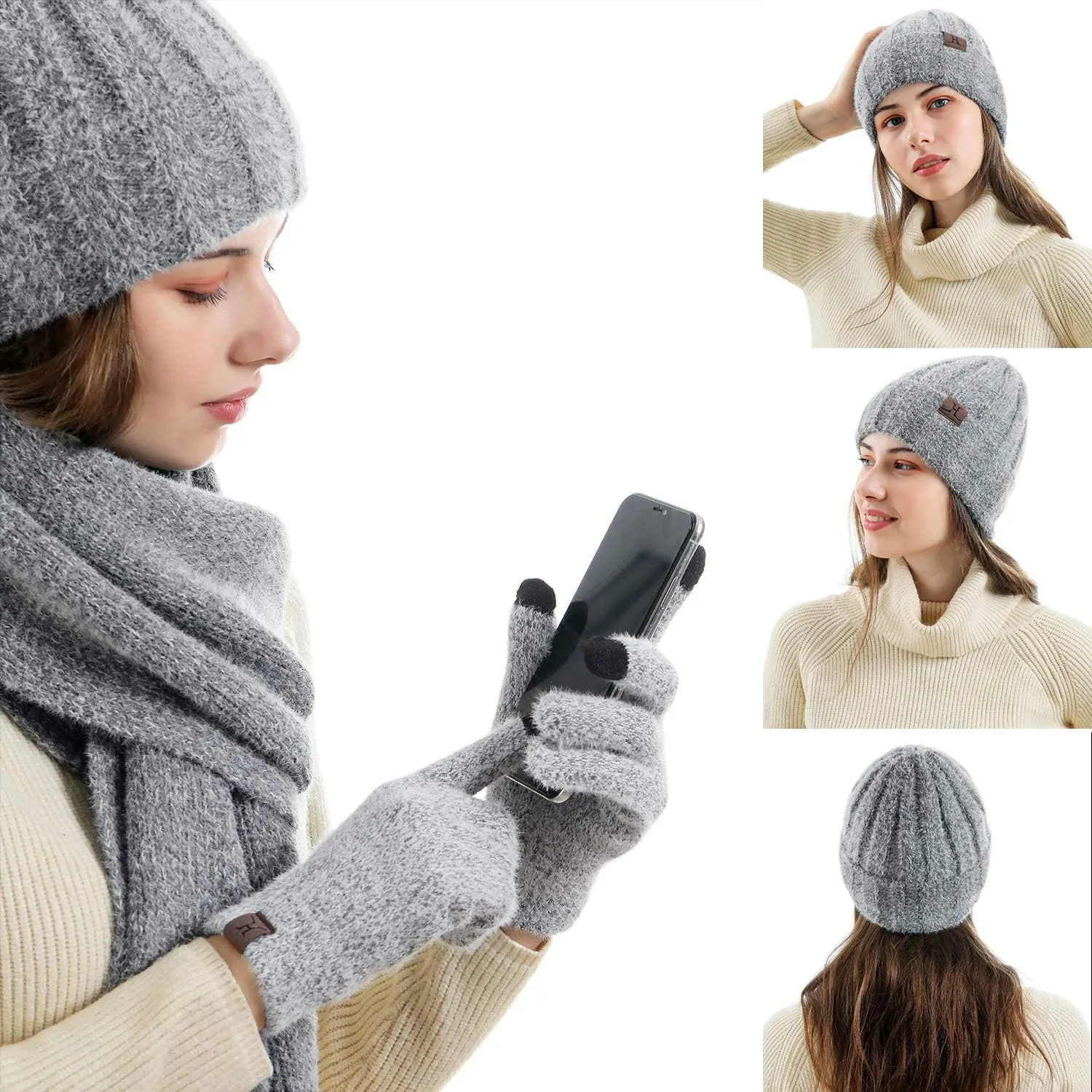 Womens Winter Warm Knit Beanie Hat Touchscreen Gloves Long Neck Scarf Set with Fleece Lined Skull Caps Gifts for Women