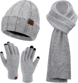Womens Winter Warm Knit Beanie Hat Touchscreen Gloves Long Neck Scarf Set with Fleece Lined Skull Caps Gifts for Women