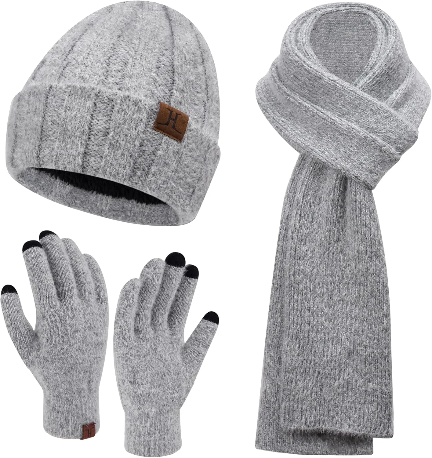 Womens Winter Warm Knit Beanie Hat Touchscreen Gloves Long Neck Scarf Set with Fleece Lined Skull Caps Gifts for Women