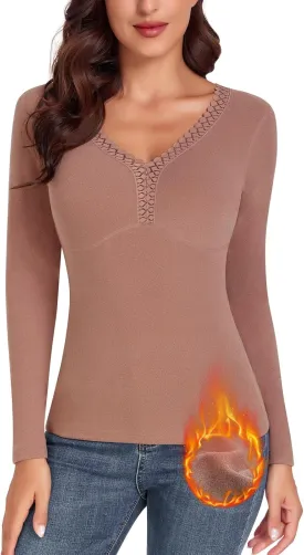 WOWENY Sleeveless Thermal Fleece Tank Top for Women V Neck Lace Camisole Warm Base Layer Cami Vest Underwear Tops
