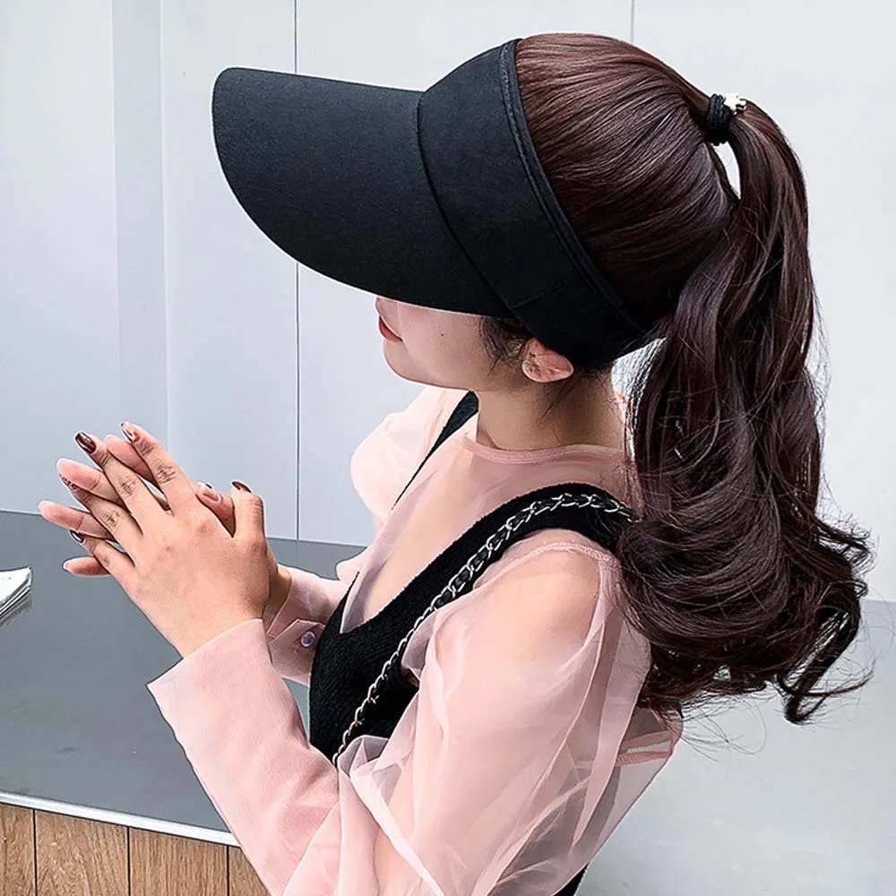 YEKEYI Outdoor Hat Wig Hat with Hair Ponytail Wig Baseball Cap with Hair Brown Black Wavy Women Wig Hats