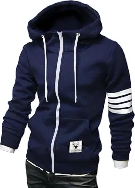 ZUEVI Men's Hoodies Casual Striped Drawstring Hooded And Zipper Closure Hoodie Slim Fit Fleece Sweatshirt
